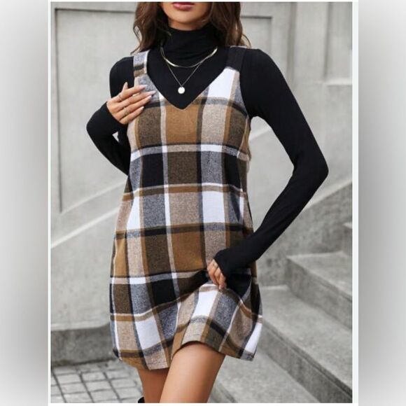 Plaid all over print black and brown sleeveless dress size small - Picture 2 of 9